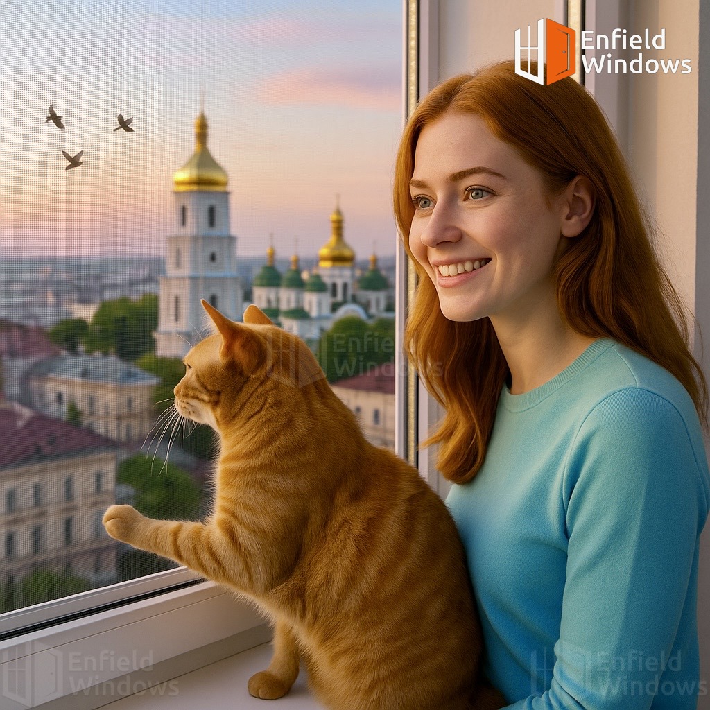 Котик вчепився когтиками за москітну сітку антикішка київ