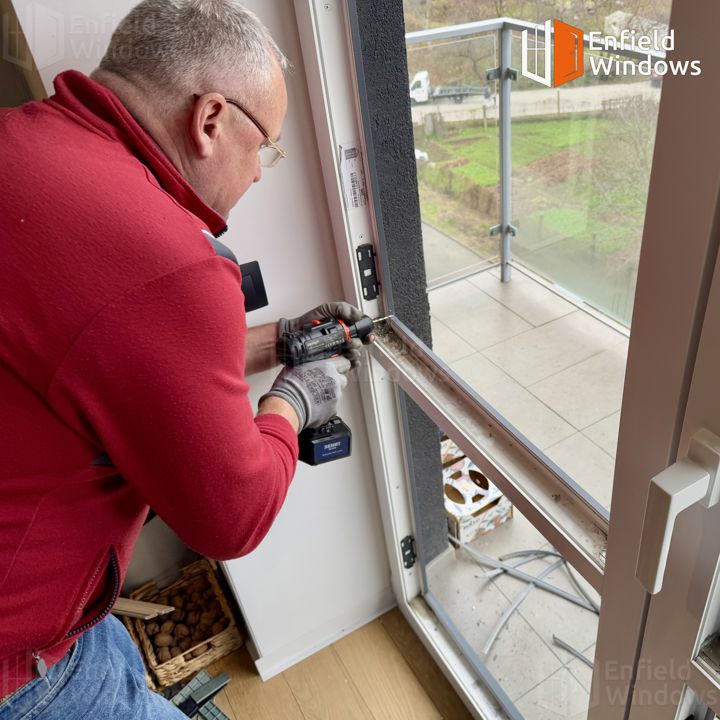 Майстер ремонтує металопластикові балконні двері